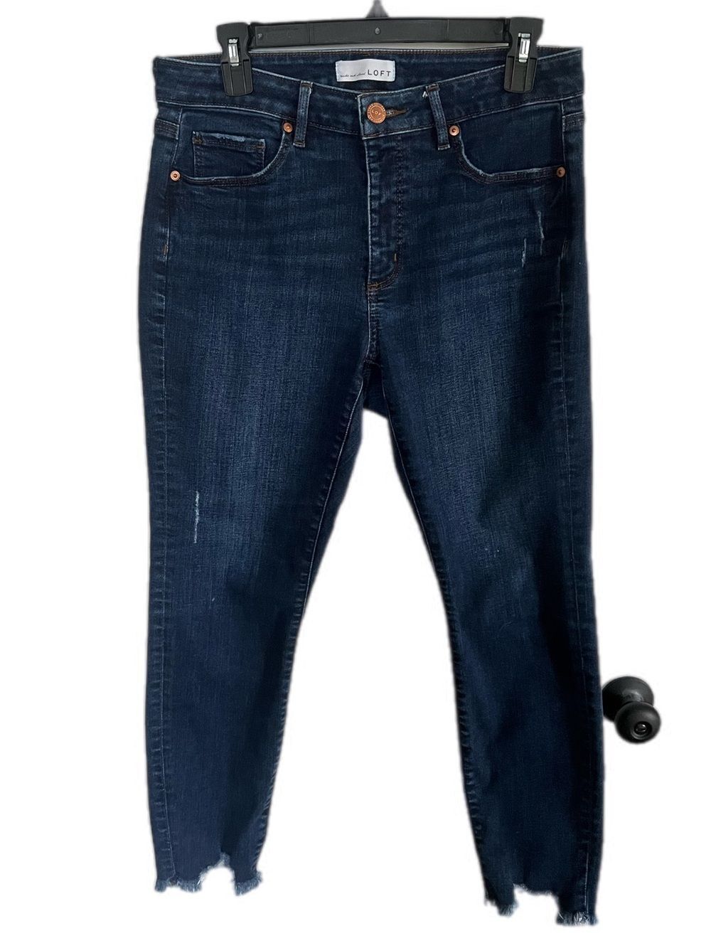 LOFT Dark Wash Denim Distressed Curvy Skinny High-Rise Jeans Frayed Bottoms 8/29